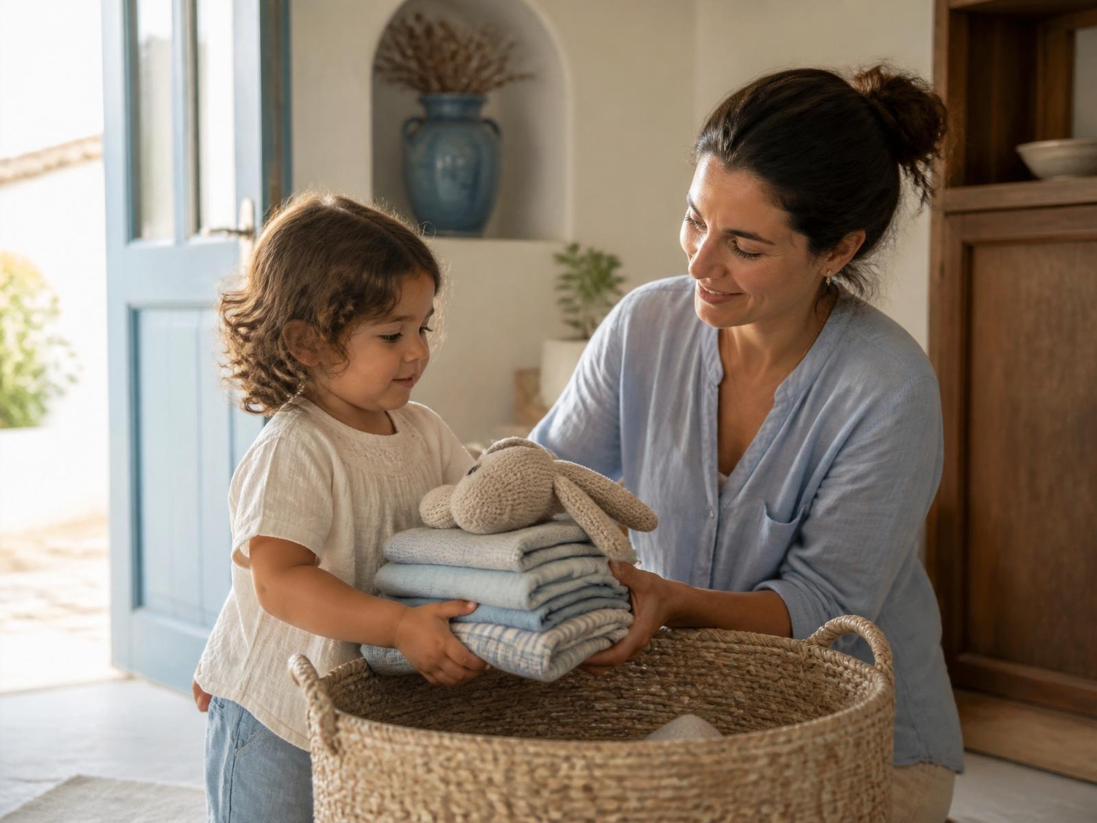 A child's hand passing a knitted sweater to another child
